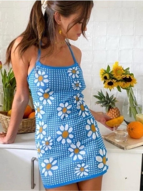 Zara Dresses & Skirts - Zara Blue Gingham Daisy Knit Mini Dress Size Large